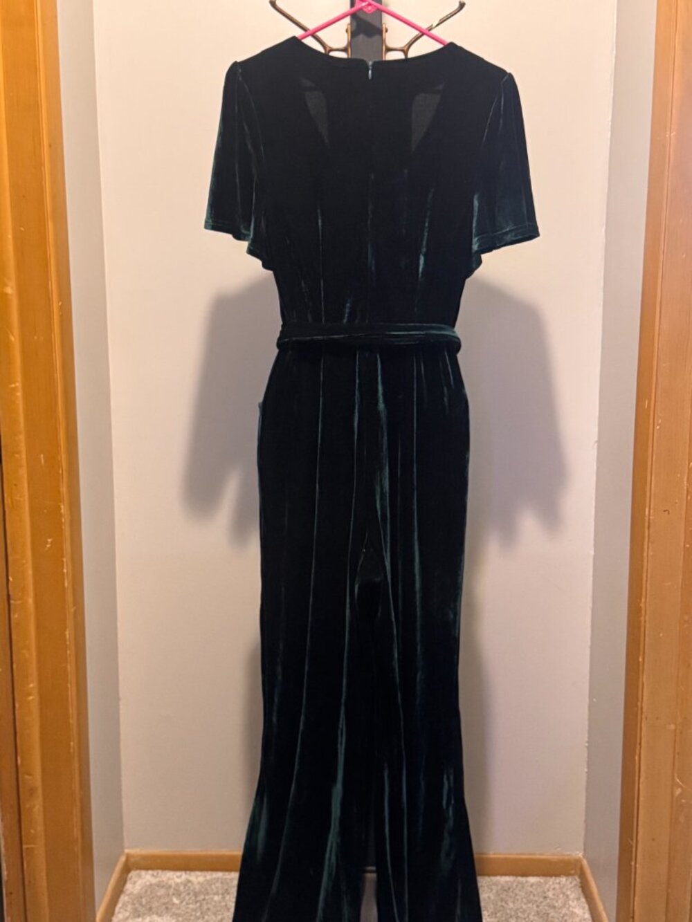 Unique Vintage Emerald Green Velvet Wide Leg Jumpsuit Sash Belt - Picture 3 of 5
